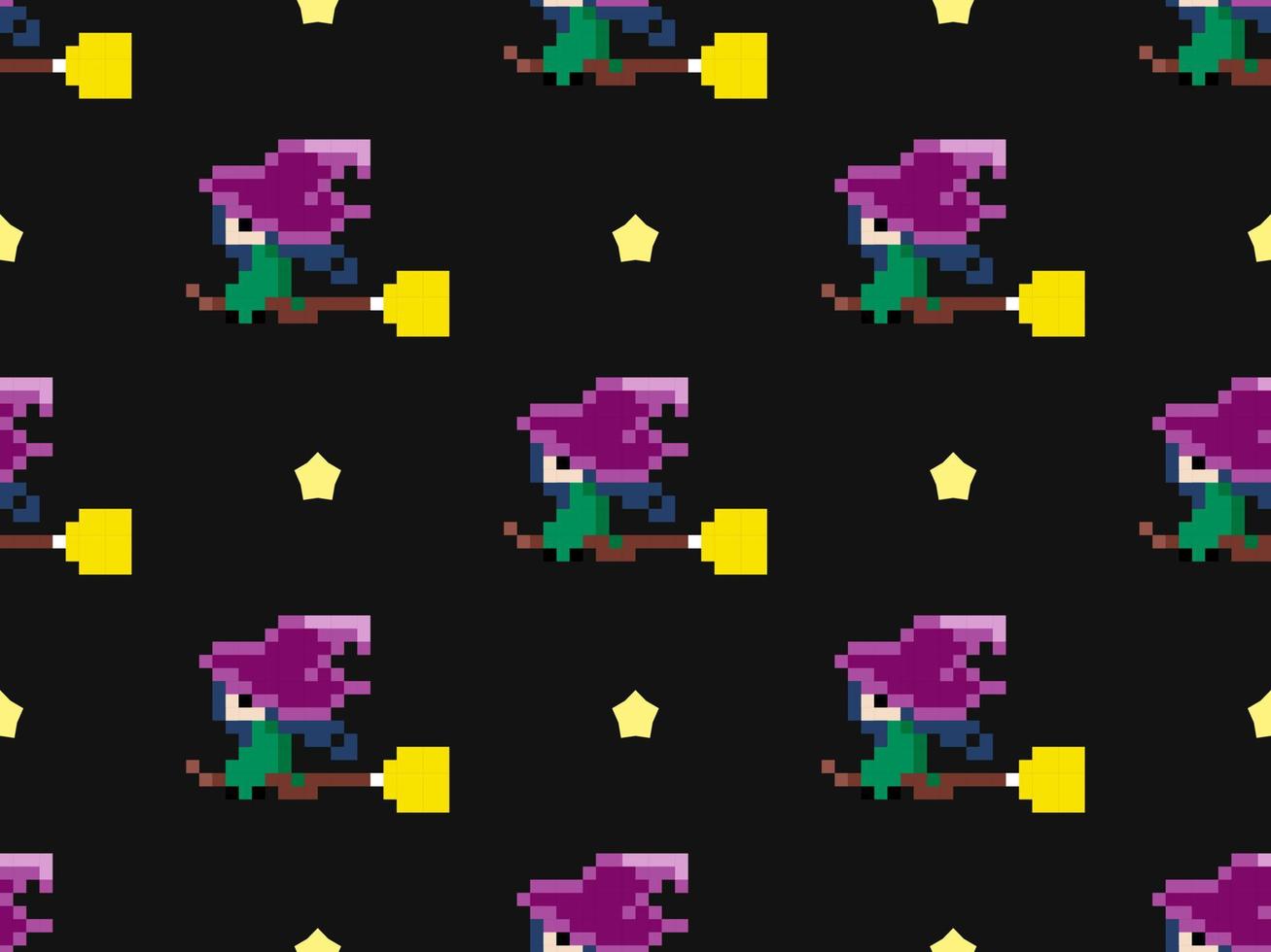 Witch cartoon character seamless pattern on black background. Pixel style vector
