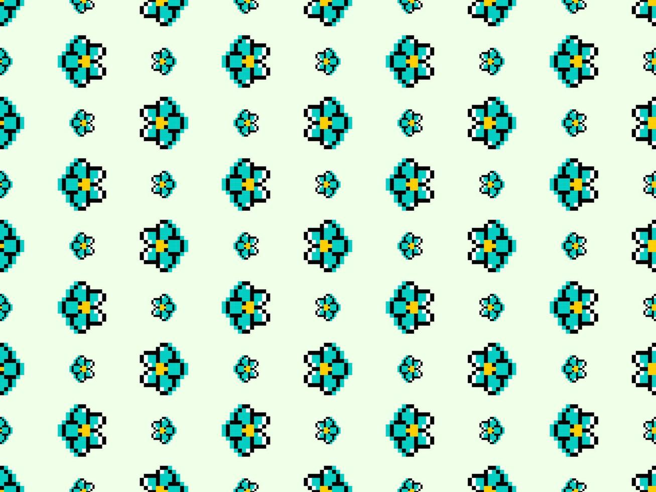 Flower cartoon character seamless pattern on green background. Pixel style vector