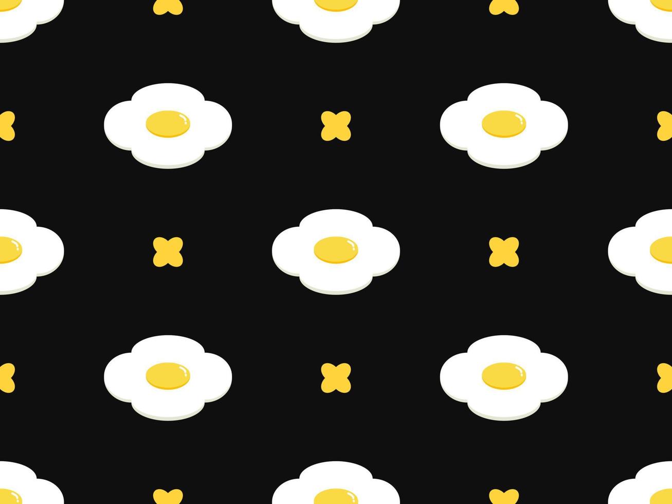 Fried eggs cartoon character seamless pattern on black background vector