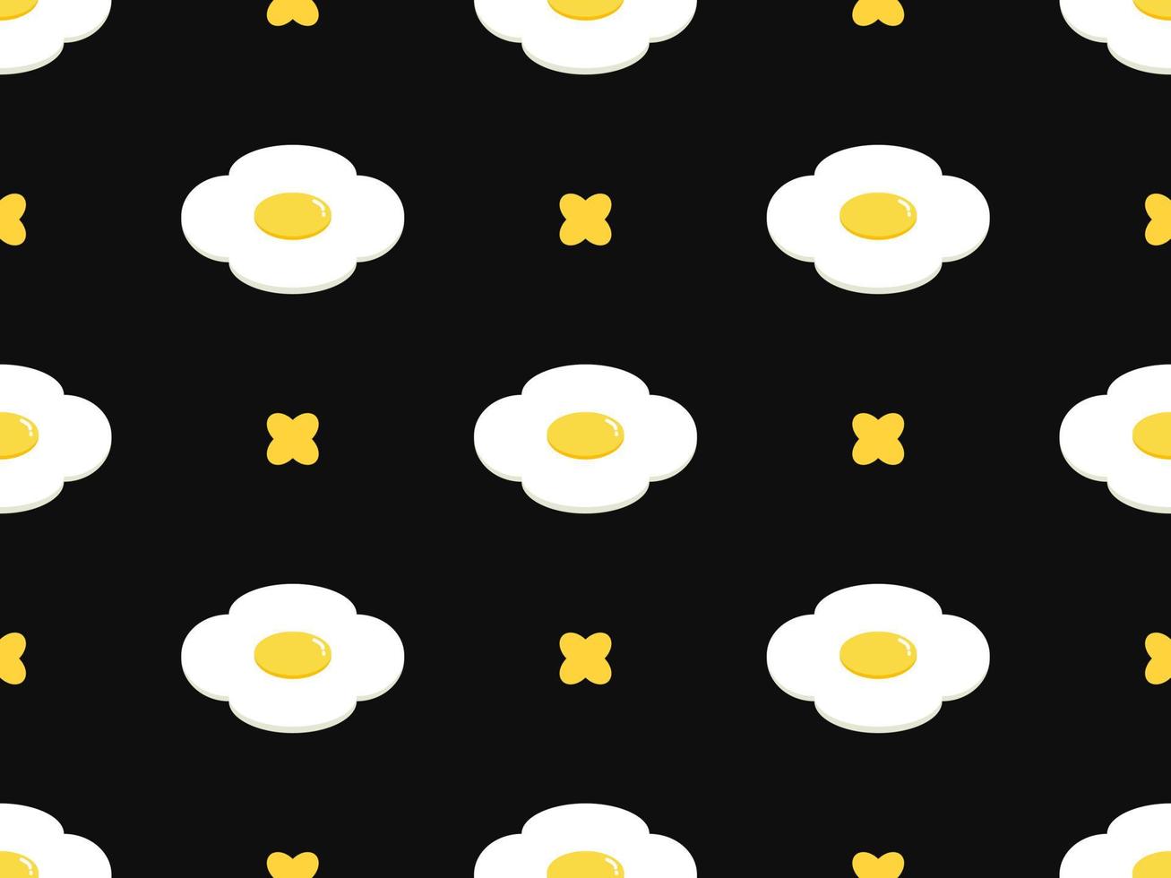 Fried eggs cartoon character seamless pattern on black background vector
