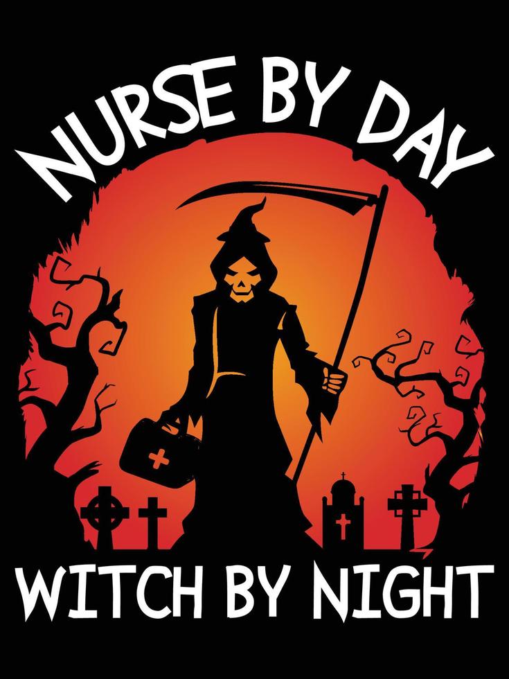 Nurse by day Witch by night - Best Halloween T-Shirt Design Template. Pumpkin, Night, Moon, Witch, Mask. Night background T-Shirt for print. vector