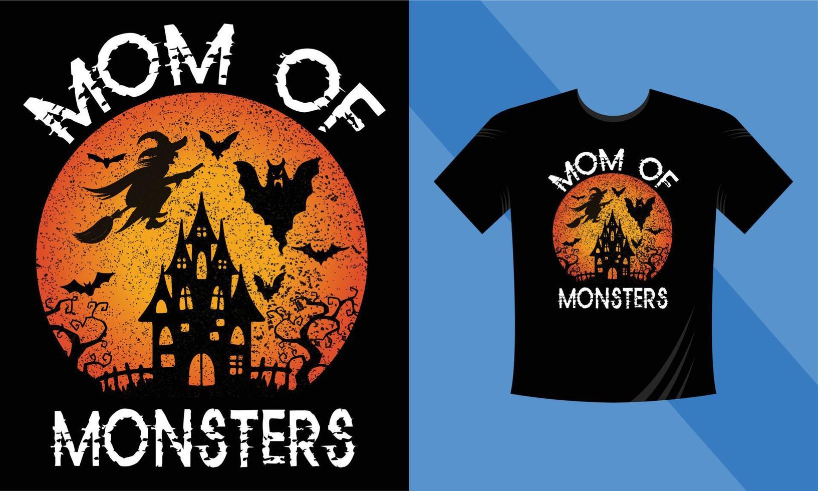 mamá de monstruos: la mejor plantilla de diseño de camisetas de Halloween. calabaza, noche, luna, bruja, máscara. camiseta de fondo nocturno para imprimir. vector