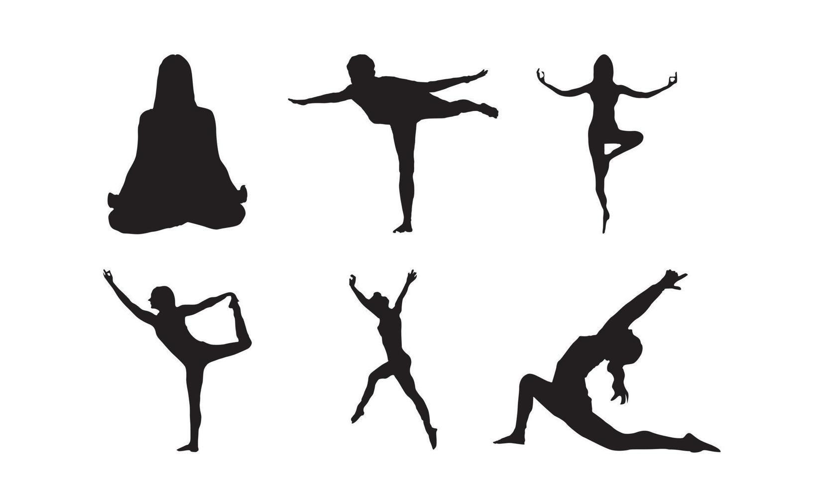 A collage of silhouettes depicting a female yoga instructor demonstrating Set vector silhouettes of basic yoga poses