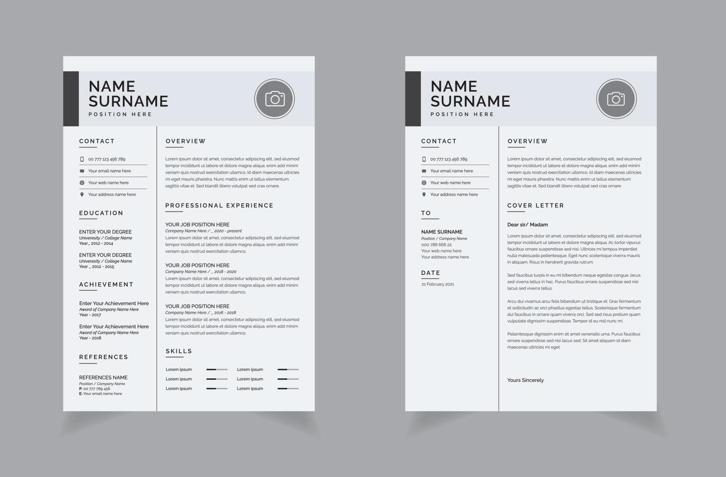 Gray Creative Resume Template CV letterhead, cover letter business layout job applications, personal profile vector set