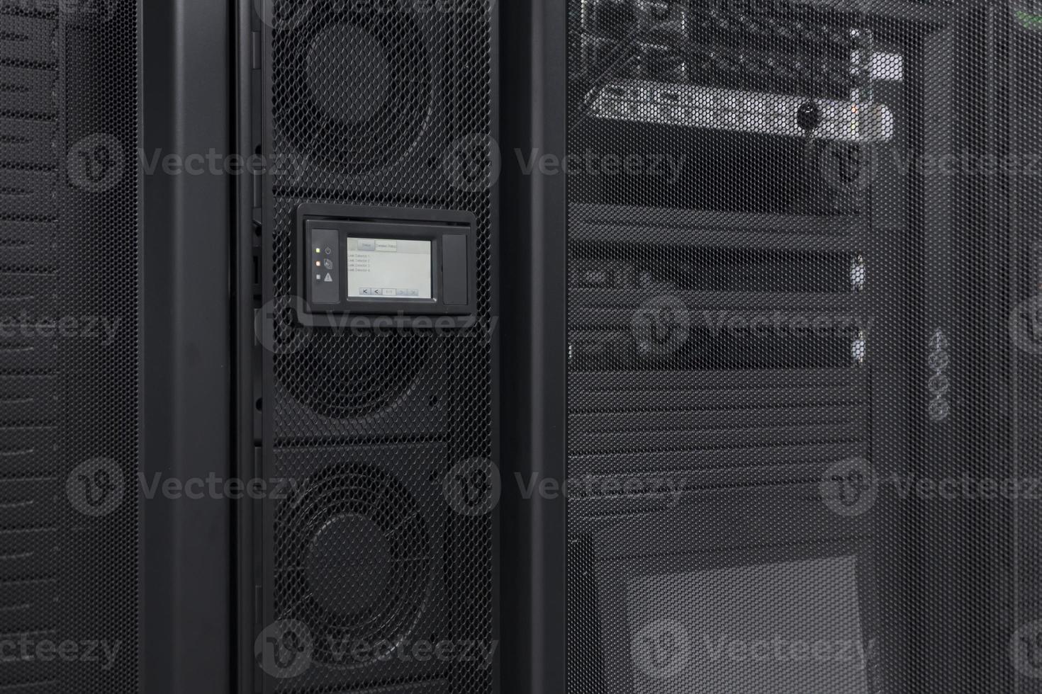 Data Center With Multiple Rows of Fully Operational Server Racks. Modern Telecommunications, Cloud Computing, Artificial Intelligence, Database, Supercomputer Technology Concept. photo