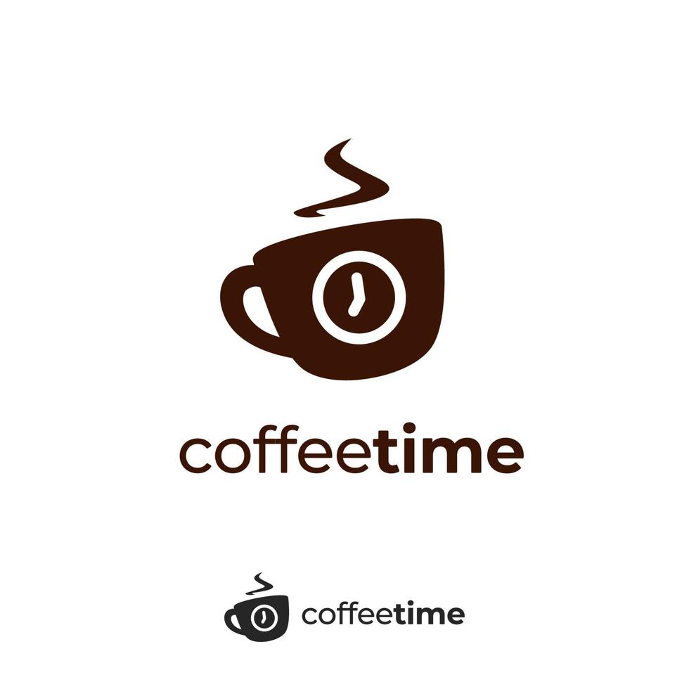 logotipo de tiempo de café con taza de taza caliente y vector de símbolo de icono de reloj