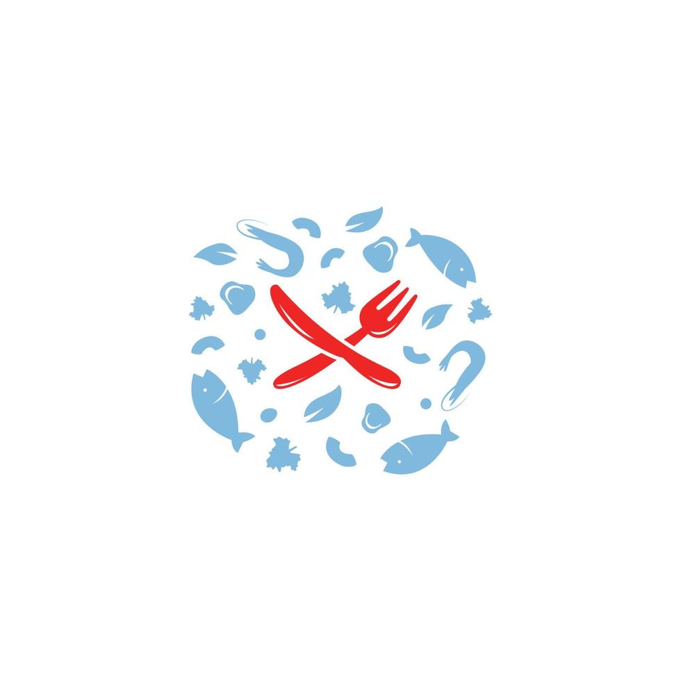 amante de la comida de mariscos amantes de la comida restaurante café logo icono símbolo con pescado, camarones, tenedor y cuchillo ilustración símbolo vector