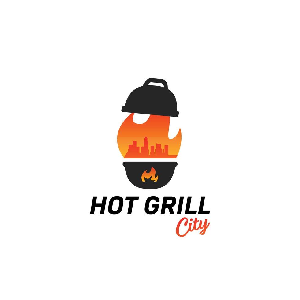 Hot grill city logo, grill steak restaurant logo with city silhouette vector