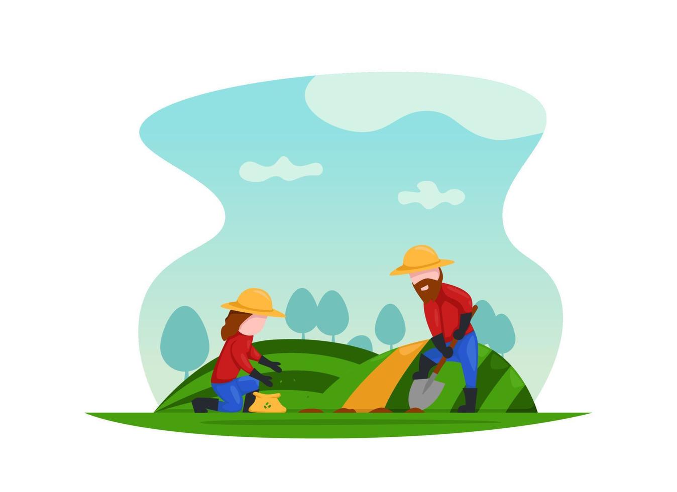Couple Farmer plant seeds on field together. field nurseries. country rural agriculture flat cartoon illustration vector