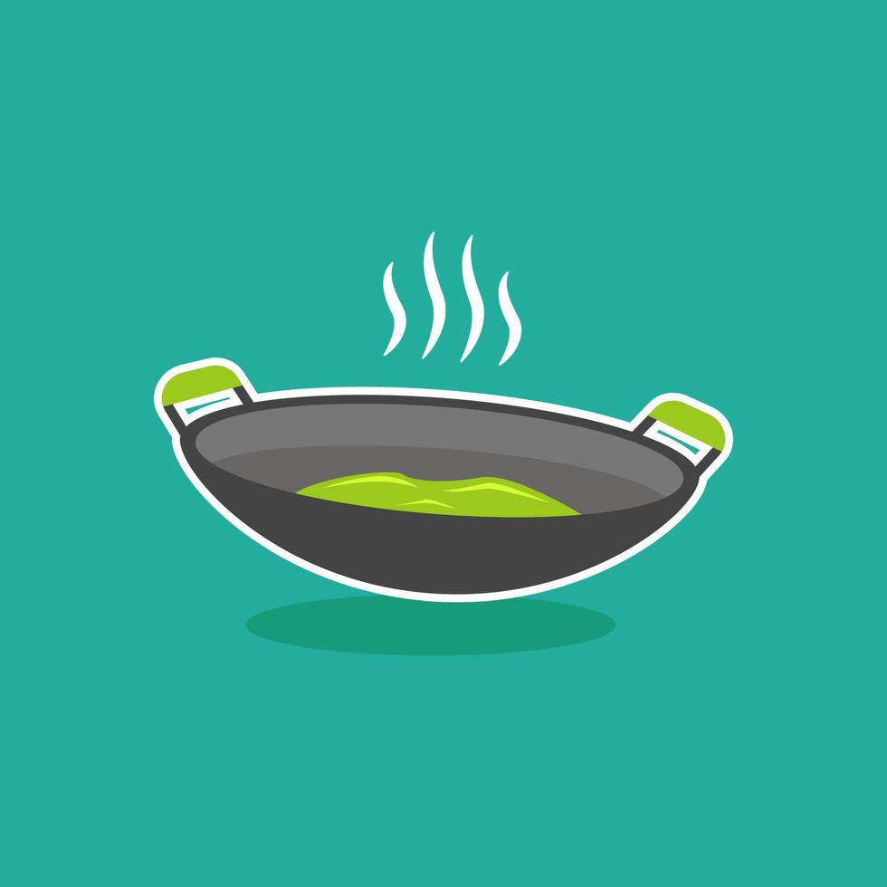 icono de ilustración de etiqueta de utensilio de cocina wok de sartén caliente vector