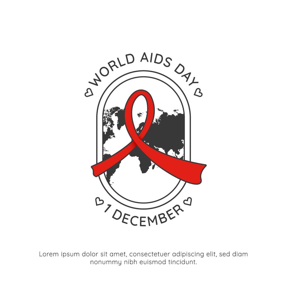 logotipo del emblema de la insignia del póster simple del día mundial del sida del vih 1 de diciembre con marco de línea de espacio en blanco e ilustración de mapa mundial vector