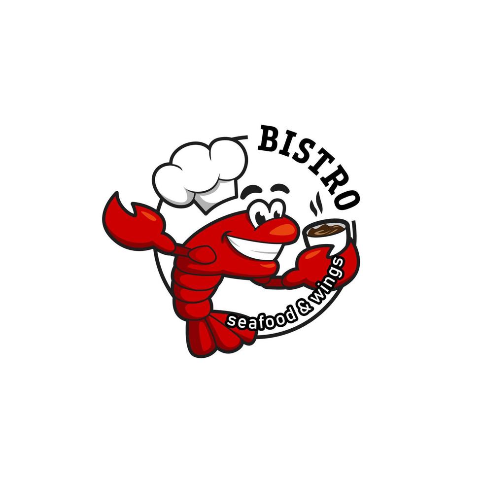 chef de cangrejo de langosta con ilustración de mascota de logo de taza de café para bistró de mariscos, restaurante o cafetería vector