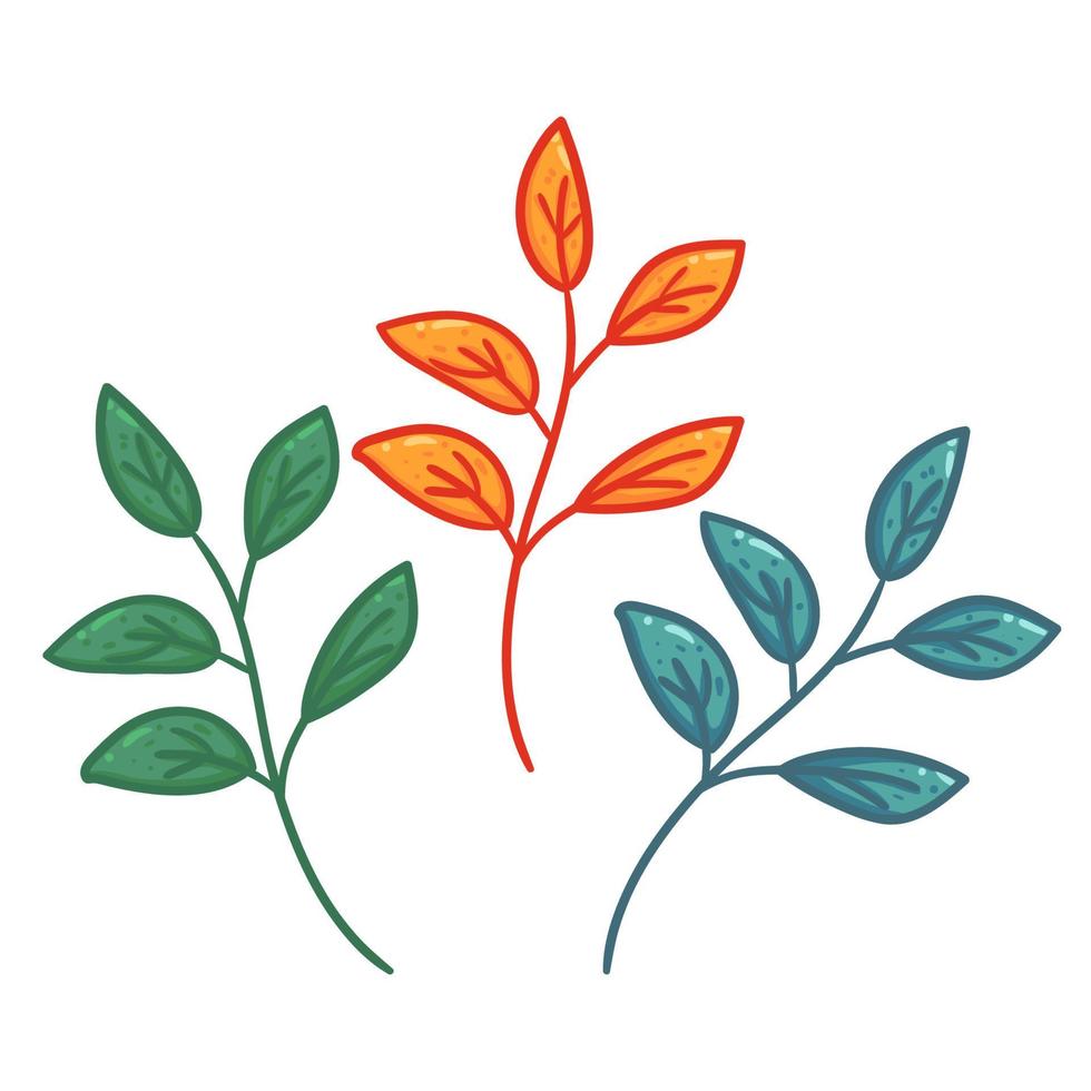 Set leaf branch cartoon hand drawing illustration in green orange and blue color vector
