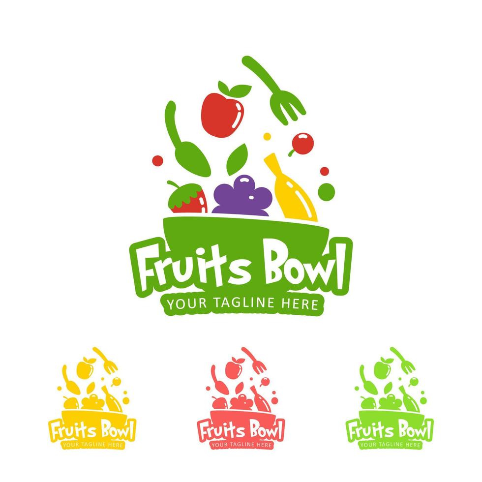 Happy healthy smoothie fruits bowl logo icon symbol color and one color set vector