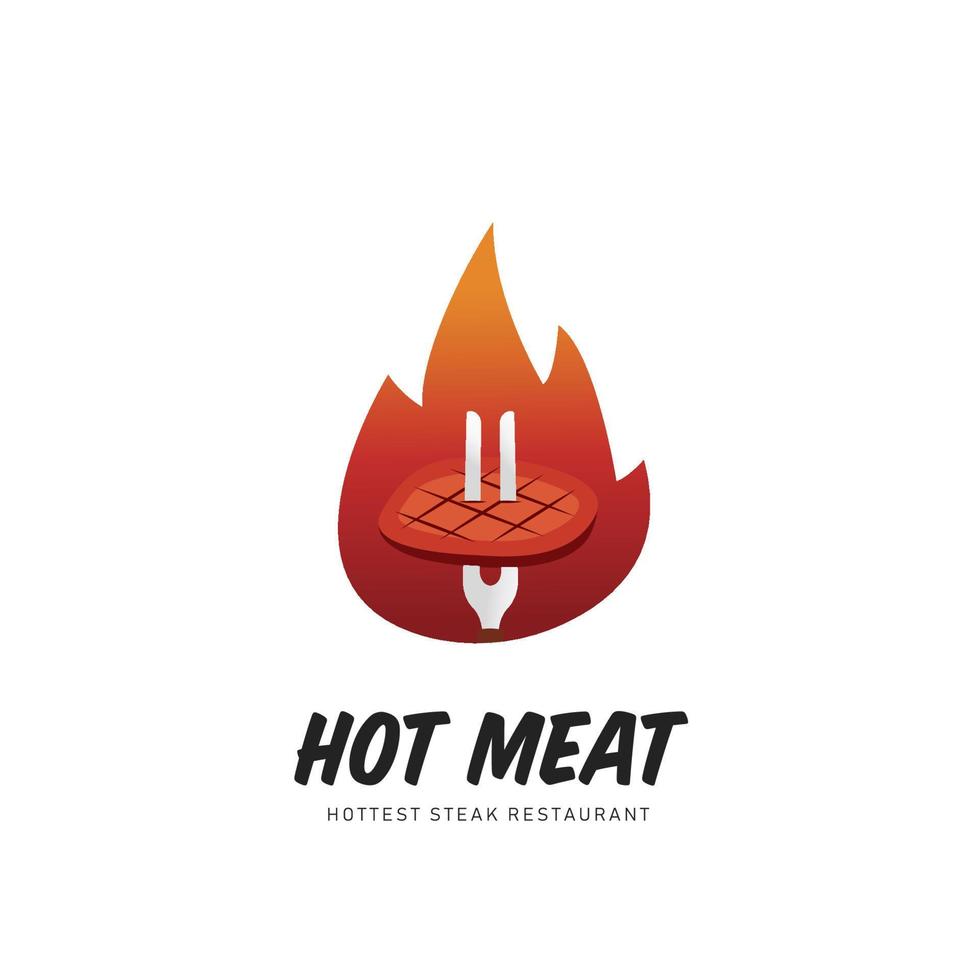 Hot meat grill steak logo with fire flame illustration symbol vector