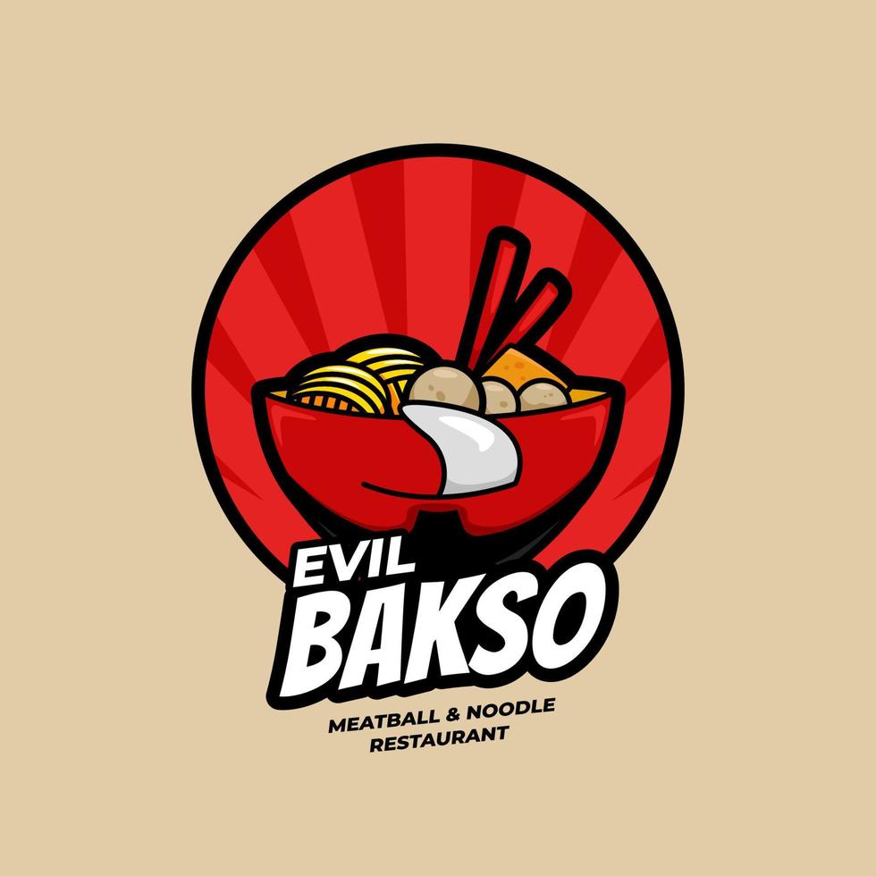 tazón de restaurante de fideos y albóndigas de bakso de ramen malvado con ilustración de icono de símbolo de logotipo de cara vector