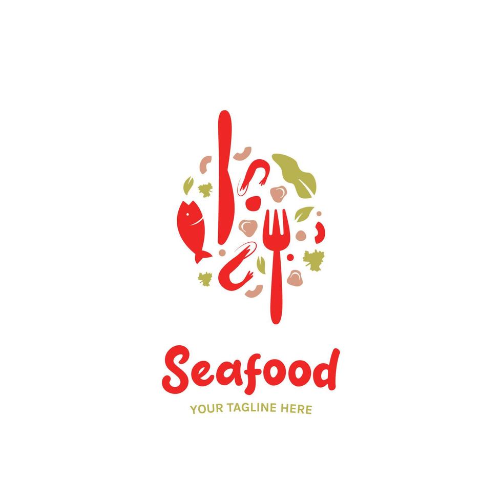 logotipo de catering gourmet del restaurante de comida de mariscos con ilustración de símbolo de icono de pescado, champiñones, camarones, tenedor y cuchillo vector