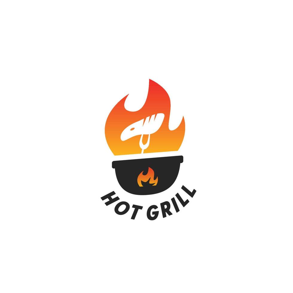 Hot grill logo with fork and meat steak silhouette in fire flame vector