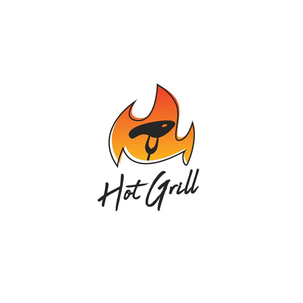 Hot grill logo icon with flame and steak on fork grilled, simple memorable icon logo vector