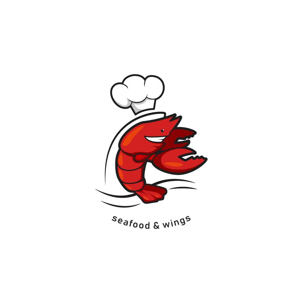 langosta de cangrejo rojo con mascota de personaje de sombrero de chef, mariscos y alas bistró restaurante café logo ilustración vector