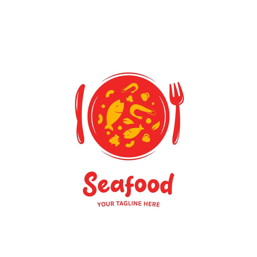 Seafood food restaurant catering logo with fish, mushroom, shrimp, fork and knife on plate icon symbol illustration vector