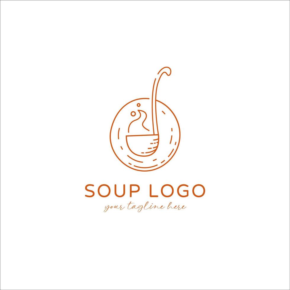 Soto soup logo with soup ladle paddle icon symbol in monoline vintage style vector