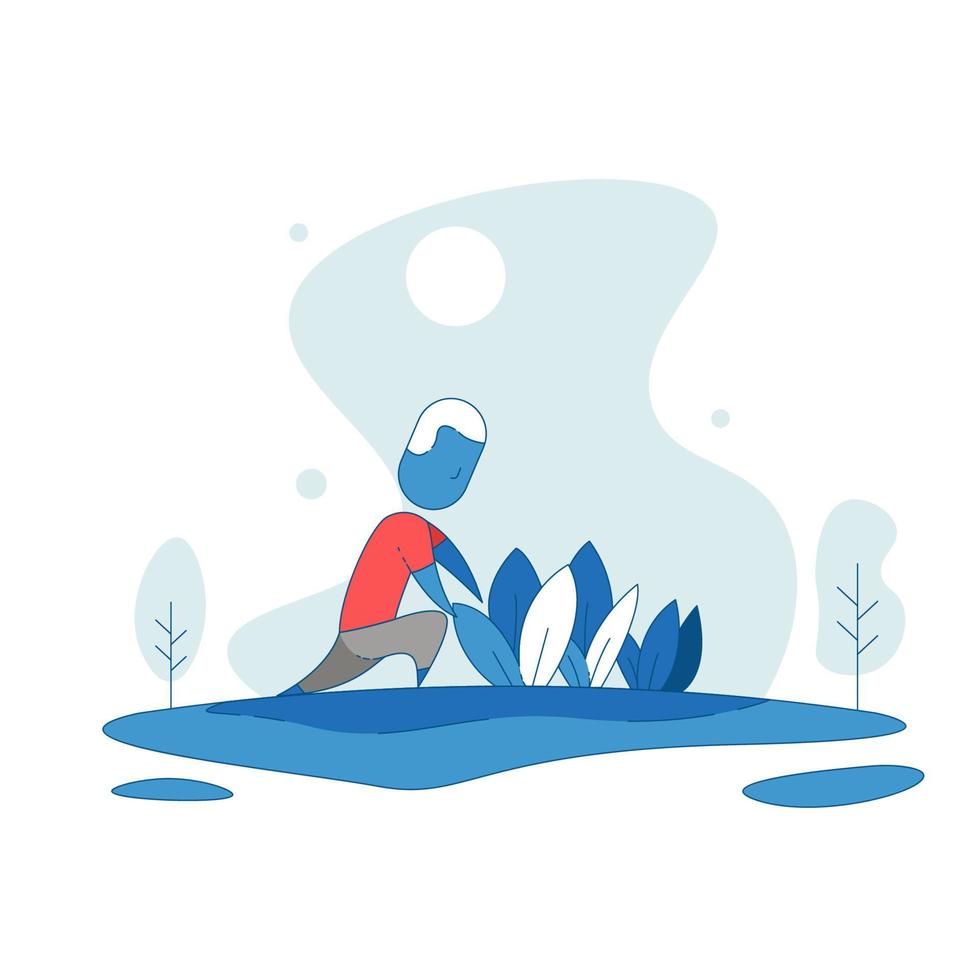 farmer gardener planting plants on the ground alone flat blue cartoon illustration unique style vector