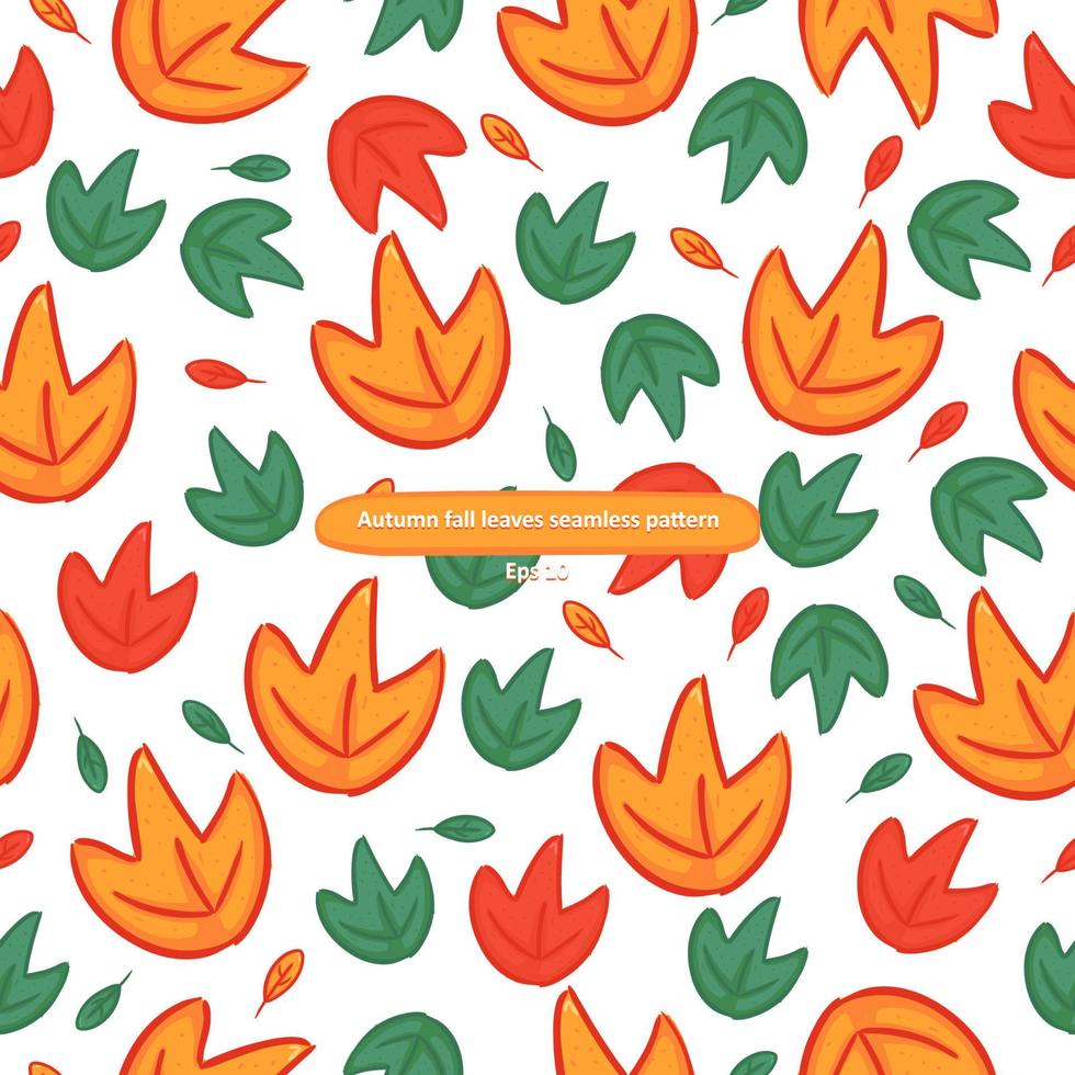 Cartoony autumn fall orange and green leaves foliage seamless pattern on white background vector