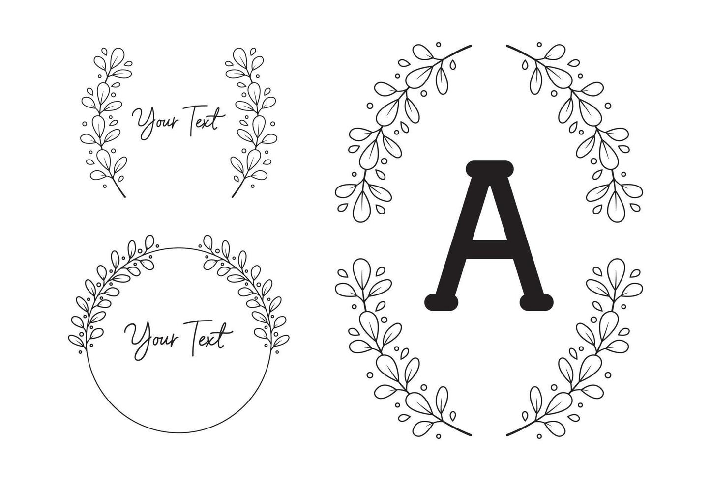 Leaf flower foliage wreath laurel vector frame border monogram in black white outline style