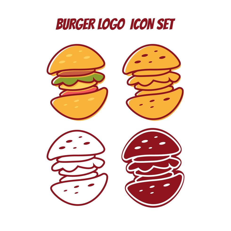 Burger logo icon symbol set any style line art, color fill, fun delicious illustration for restaurant food logo vector