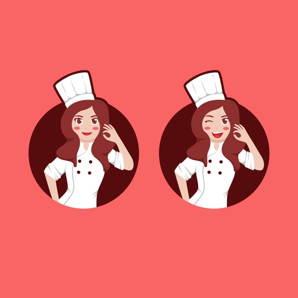 belleza mujer mujer chef logo personaje mascota con expresión establecida con pose de mano ok vector