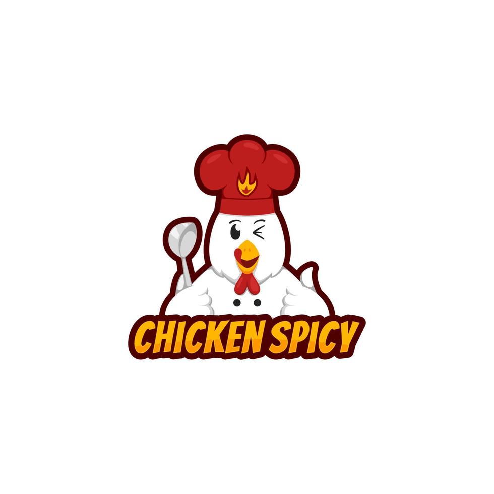 mascota con el logo picante de pollo con un gracioso personaje de pollo sosteniendo un cucharón y usando un sombrero de chef al estilo de las caricaturas vector