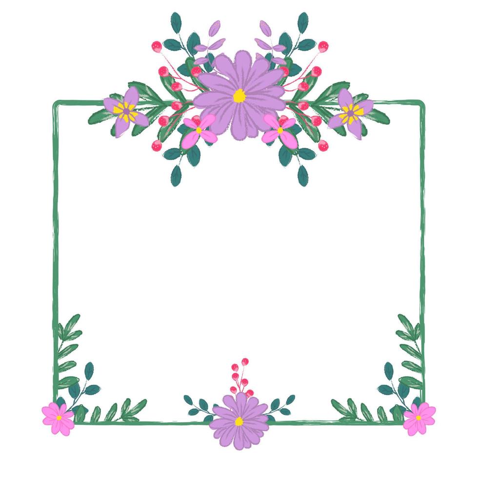 rectangle frame Purple flower bouquet in crayon graphic style vector