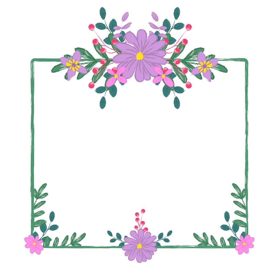 marco rectangular ramo de flores moradas en estilo gráfico crayón vector