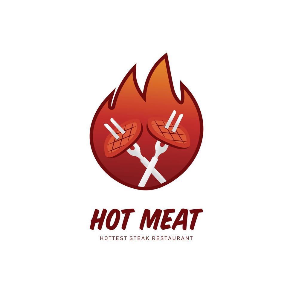 Hottest steak restaurant logo. hot grill steak meat logo with fire symbol icon illustration vector