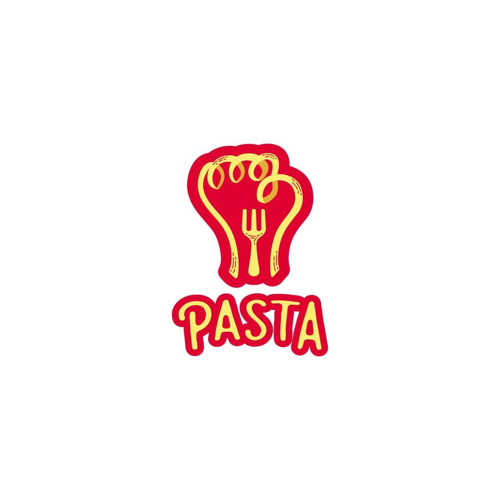 Vintage pasta noodle spaghetti logo with fist hand shape icon symbol and fork vector