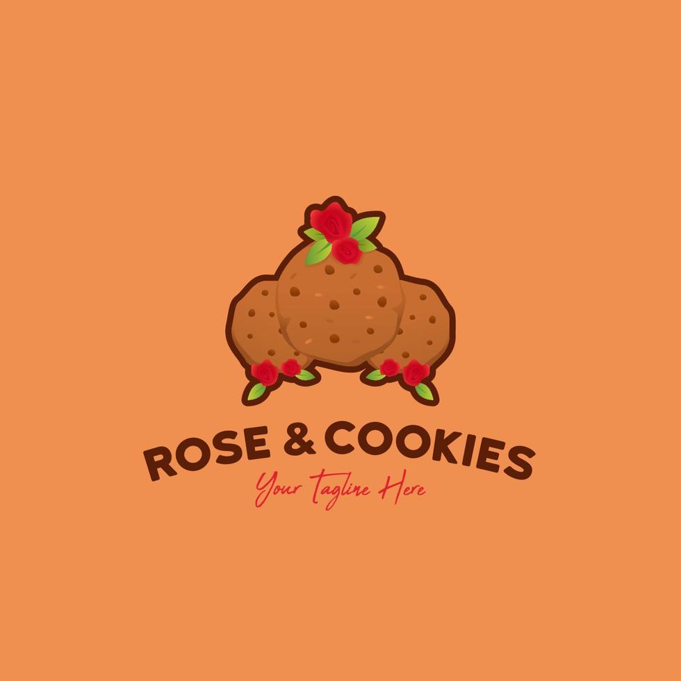Rose and cookies logo icon illustration of delicious three cookies with fresh red rose flower vector