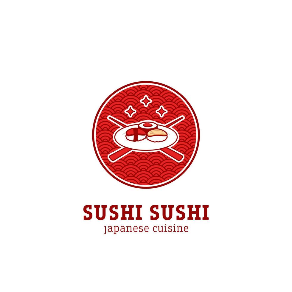 logotipo de sushi japonés de cocina asiática en un plato con palillos cruzados y fondo de patrón redondo rojo asiático vector