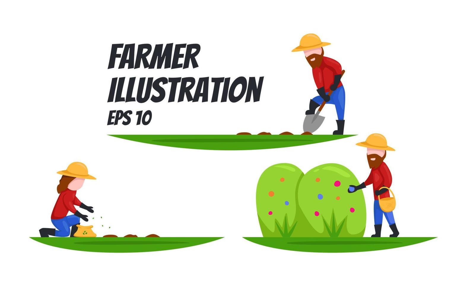 Farmer shoving, seeding, plant seed, harvest illustration set flat cartoon style vector