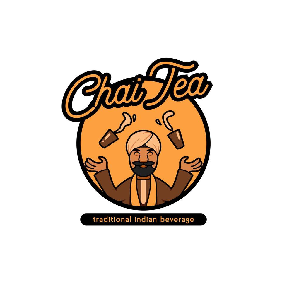 Traditional Indian beverage, chai tea logo icon with indian wear turban mascot character welcome cartoon style vector