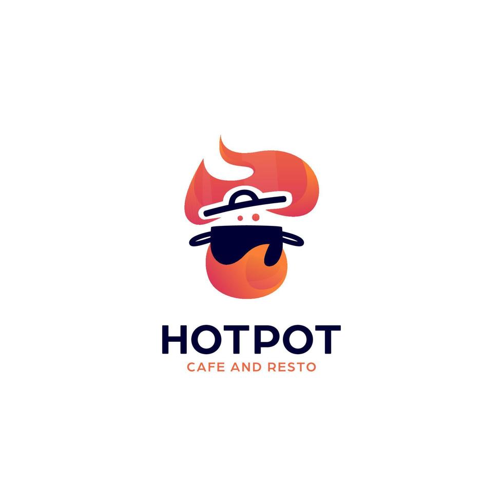 logotipo de restaurante de catering de cocina de olla caliente con ilustración de símbolo de icono de olla y llama de fuego vector