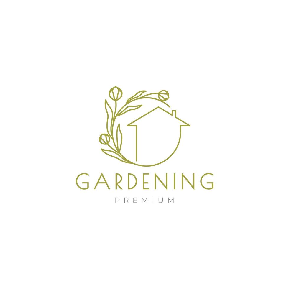 casa de arte minimalista con diseño de logotipo de jardinería de hojas de vid vector