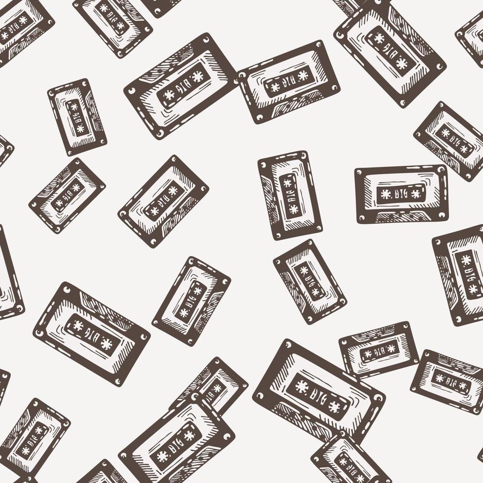 Audio cassette tape engraved seamless pattern. Vintage music cassette tape in hand drawn style. vector