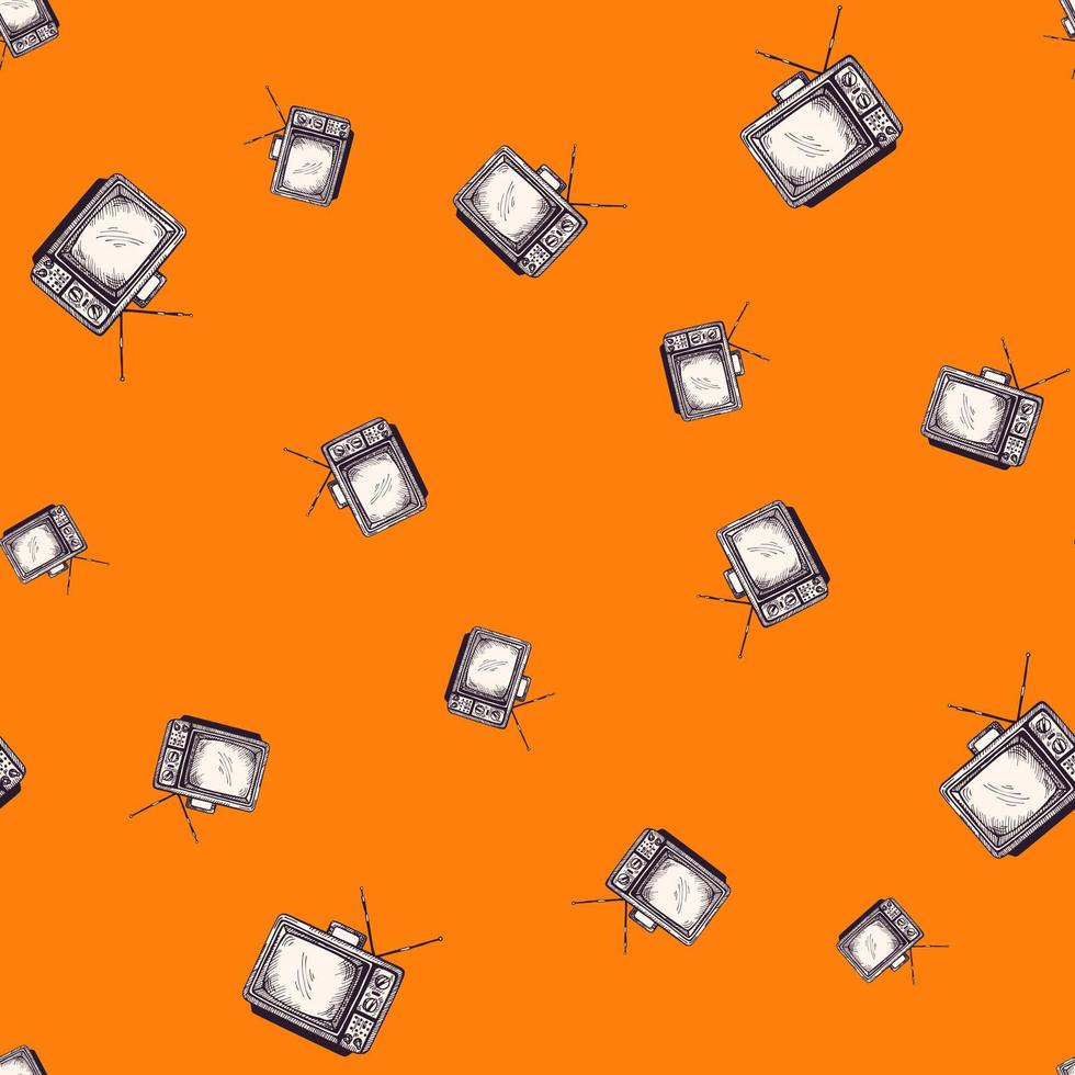 Retro TV with antenna engraved seamless pattern. Vintage television in hand drawn style. vector