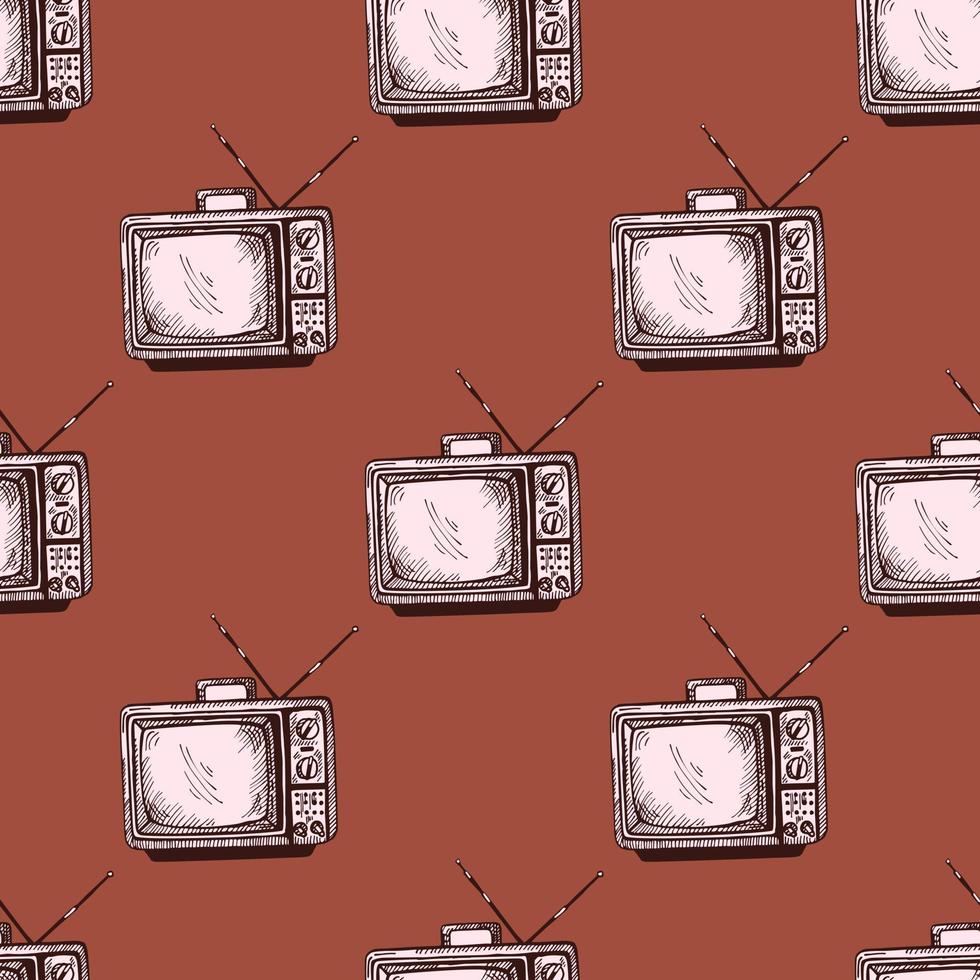 Retro TV with antenna engraved seamless pattern. Vintage television in hand drawn style. vector