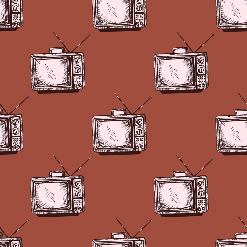 tv retro con antena grabada de patrones sin fisuras. televisión vintage en estilo dibujado a mano. vector