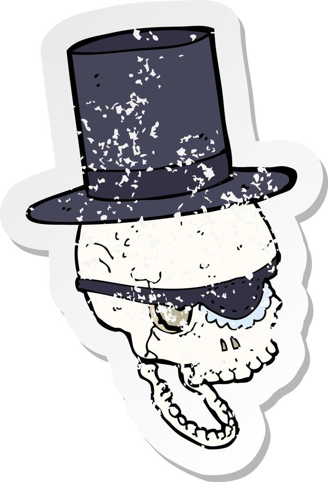 pegatina retro angustiada de un cráneo de caricatura con sombrero de copa vector