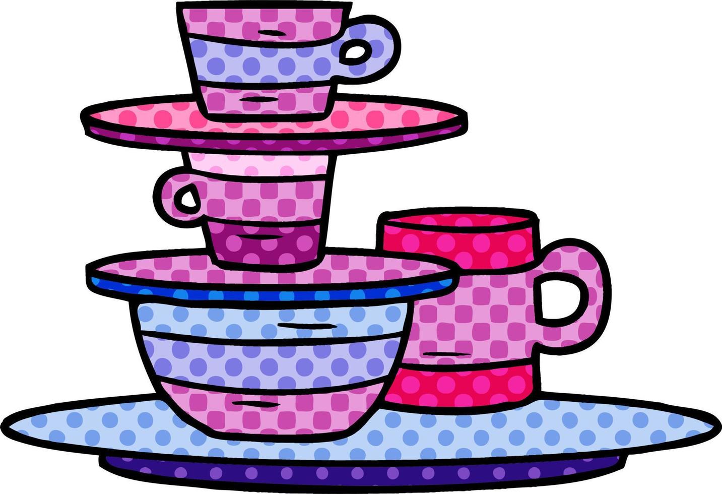 cartoon doodle of colourful bowls and plates vector