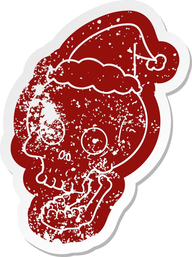 cartoon distressed sticker of a skull wearing santa hat vector