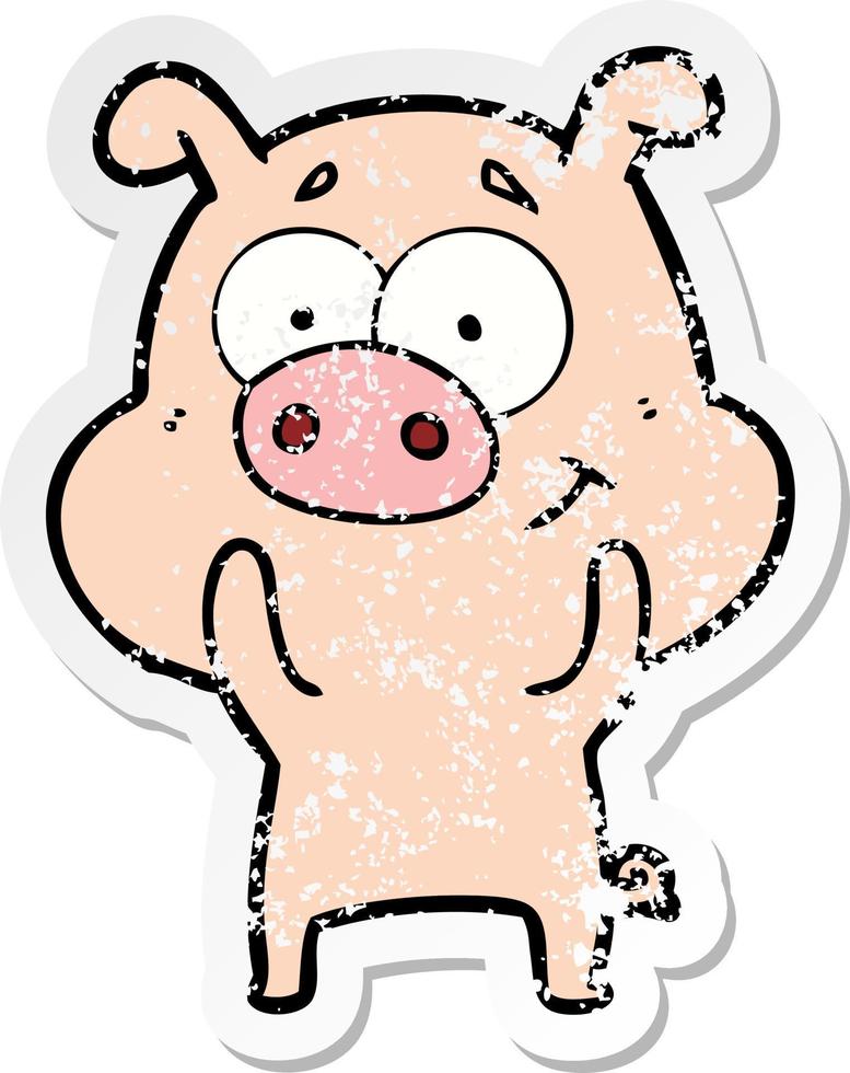 distressed sticker of a happy cartoon pig vector